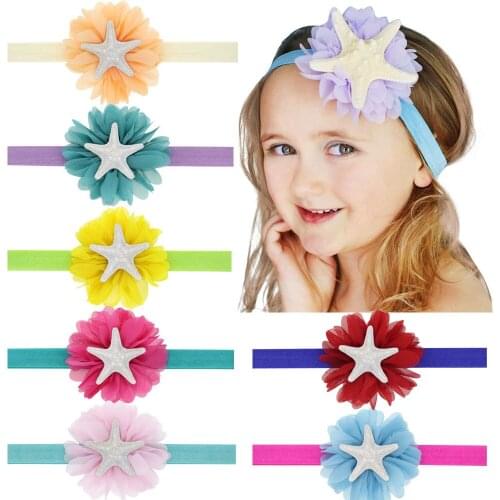 Nishine Chiffon Flower with Starfish Rhinestone Headband Little Mermaid Inspired Hairband Hair Accessories Birthday Gift