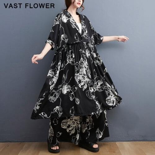 Plus Size Vintage 2 Two Piece Set Women Short Sleeve Casual Loose Midi Summer Suit Dress Elegant Clothes 2021 Wide Leg Pants