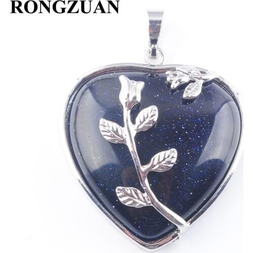 RONGZUAN Natural Blue Sand Gem Stone Heart Silver Plated Flower Healing Reiki Chakra Bead Pendant Jewelry TN3178