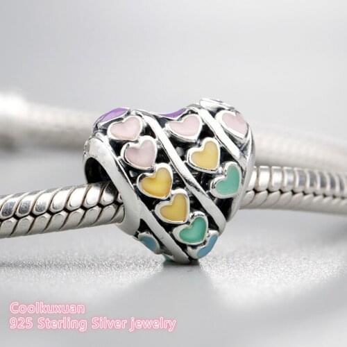 Spring 925 Sterling Silver Multi-Color Hearts Charm, Mixed Enamel Charm Beads Fit Original Brand Charms Bracelet jewelry