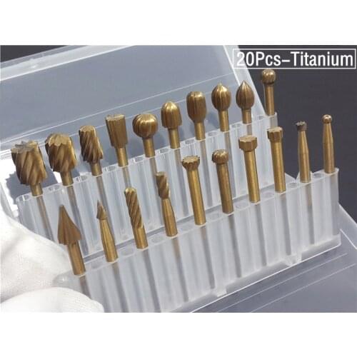 20pcs Set BOX HSS Titanium Dremel Routing Rotary Milling Rotary File Cutter Wood Carving Carved Knife Cutter Tools Accessories