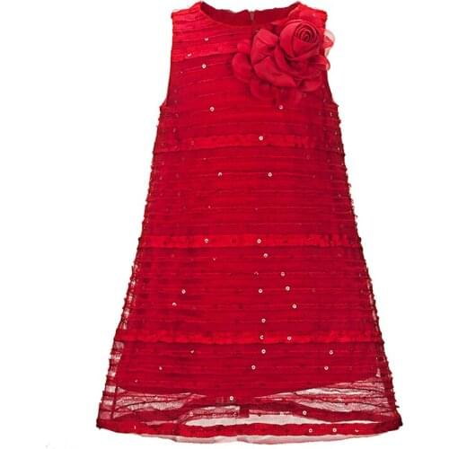 Yatheen Little Girls 2T Spring/Autumn Party Dress Big Red Polyester 3D Flower Sequined Birthday Dress Kids Dress For Girls