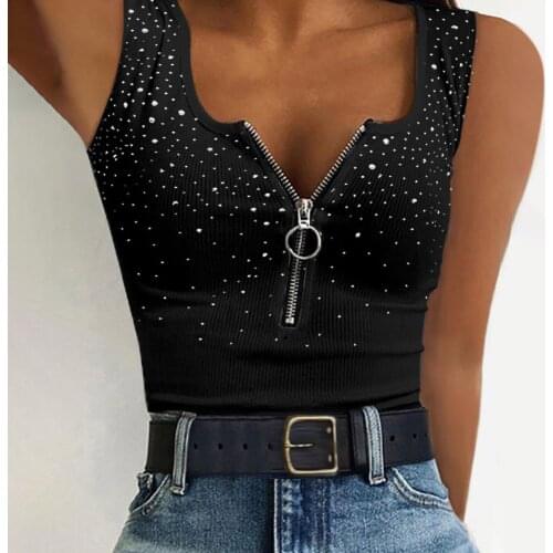 Women V-neck Zipper Rhinestone Tops Casual Slim Fit Tank Top Ladies Sleeveless Summer T-shirt Sexy Vest Female Tops 2021 D30