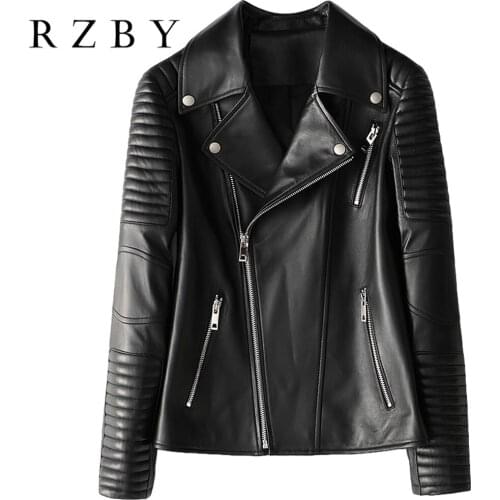 Кожаная женская куртка 100% sheepskin stylish women genuine leather pockets tailored collar zipper black real fur coat rzby111