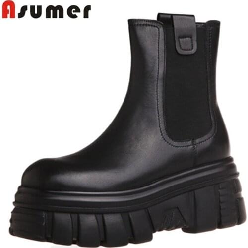 Asumer 2020 top quality genuine leather footwear womens ankle boots solid colors fashion punk flat platform boots ladies