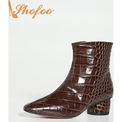 Croc Embossed Ankle Boots Med Round Heels Woman Pointed Toe Zipper Ladies Winter Mature Booties Shoes Large Size 12 16 Shofoo
