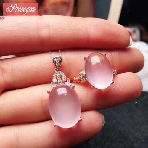 Natural Rose Quartz Jewelry sets for Women 12x16mm real gemstone pink light Crystal fine Jewelry Gift S925 18K Rosegold #109