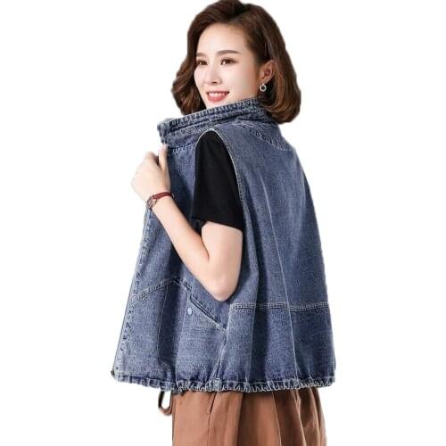 Womens Denim Vest Jacket Female Zipper Sleeveless Waistcoat 2021 New Summer Stand-up Collar Cowboy Jeans Coat Vest 3XL D1060