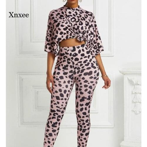 2021 Spring and Autumn Womens 2-Piece Suit Plus Size Pants Leopard Print Solid Color Ladies Top + Pants Suit