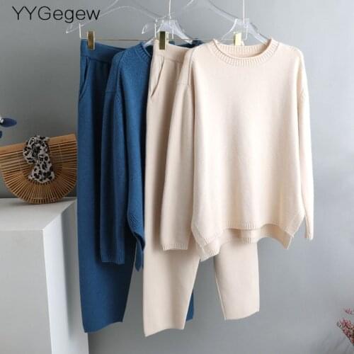 Casual 2 Pieces sweater Set Women Knitted o-neck Sweater + loose Trousers CHIC Pullover Sweater+ Knitted Carrot pants Set