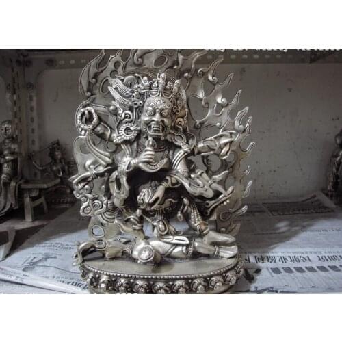 10.5 Tibet Buddhism Temple White copper silver Six arms Mahakala Buddha Statue