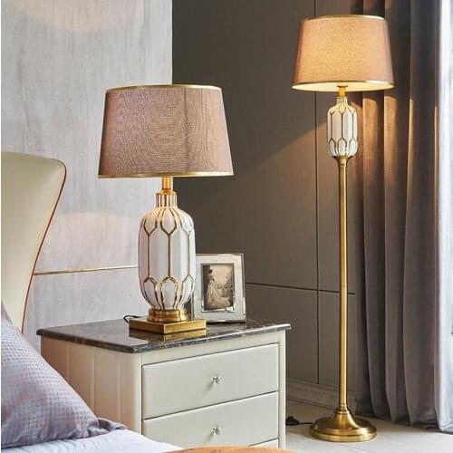 American Bedroom Household Green White Ceramic Floor Lamp European Modern Sofa Shelf Coffee Table Study Bedside Gold Metal Lamp