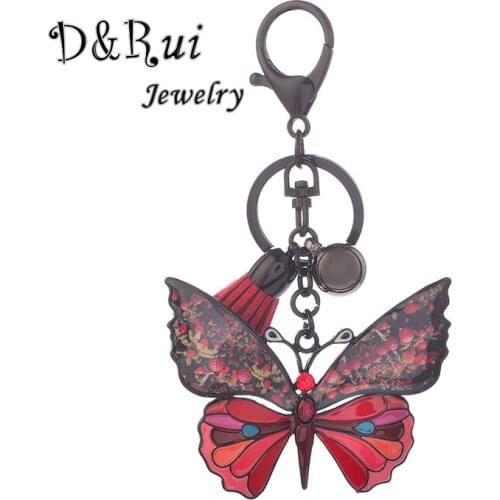 Enamel Butterfly Key Chain Leather Tassel Key Ring With Rhinestones For Women Bag Pendant Cute Keychain Fashion Jewelry Gifts
