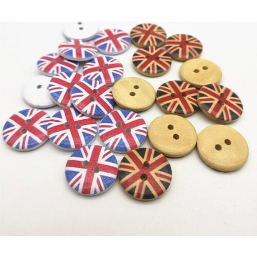 50pcs 20mm Natural Or White Based Wood Round Buttons UK Flags Painted Sewing Accessories Scrapbooking Crafts DIY