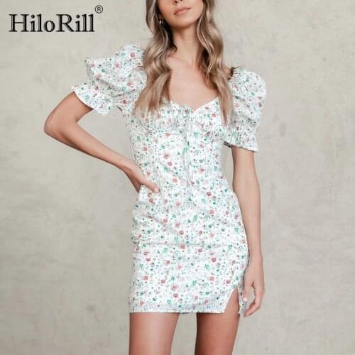 HiloRill 2021 Sweet Floral Print Mini Dress Women Bow Tie Sexy Split Bodycon Dress Ladies Puff Short Sleeve Chic Party Dresses