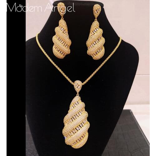 ModemAngel 2020 Luxury WATER DROP Cubic Zirconia Statement Necklace Earring Jewelry Set For Dubai Women High Quality Jewelry