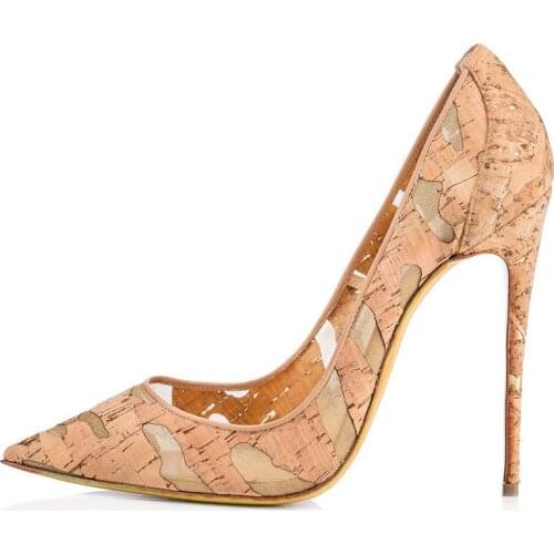 New Apricot Wood grain Hollow Mesh patchwork Pumps Pointed Toe Slip-On Thin High Heels Women Outfit Dress Single Shoes