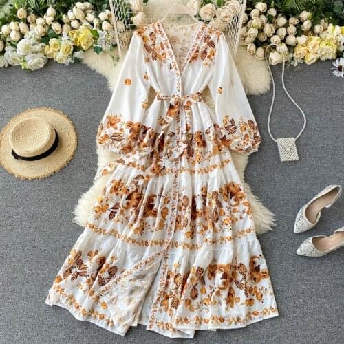 New Women Luxury Golden Print Dress Spring Autumn Long Sleeve V Neck Single Breasted Bandage Blouse Dresses Ladies Vintage Dress