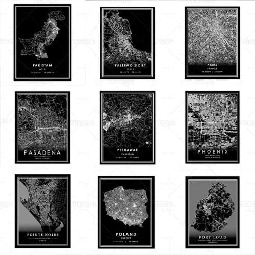 PAKISTAN PARIs PASADENA PHOENIX POLAND PORT LOUIS map black and white wall art poster print canvas painting room decoration
