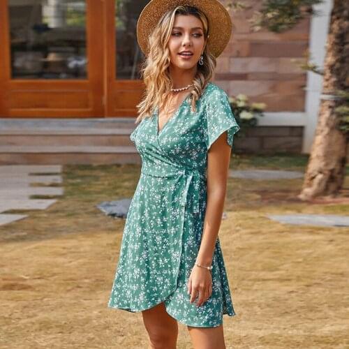 Bandage Holiday Boho Mini Dress Women Summer Chiffon V Neck Short Sleeve Casual Chic Sashes Floral Dresses 2021 Fashion Green