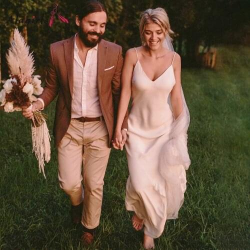 Simple Wedding Dress Boho Soft Satin Spaghetti Strap Wedding Dresses Backless Straight Bridal Dress Wedding Party Dress