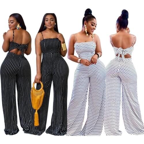 White Polka Dot Pattern Women Casual Spaghetti Jumpsuits Sexy Bow Back Strapless Sleeveless Full Length Long Jumpsuits Pants