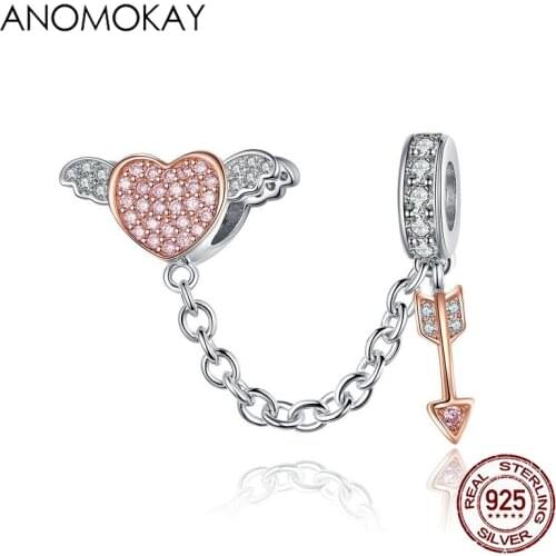 Anomokay 925 Sterling Silver Heart Wing Arrow of Cupid Pendant Chain for Bracelet Bangle Gold Color Love Arrow Bead DIY Jewelry