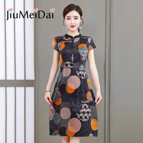 JiuMeiDai Dot Printed Chinese Style Silk Dress Lady Single-Breasted Elegant Smooth Dresses Female Sexy Party Clothing Plus Size