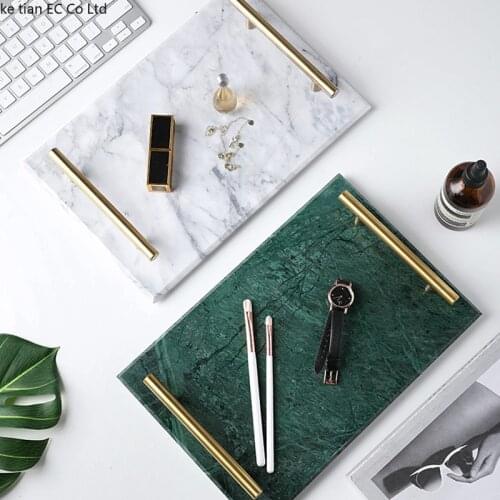 Nordic Marble Tray Storage Board Cosmetics Jewelry Storage Tray Modern Simple Home Golden Handle Cake Fruit Sushi Dessert Plate