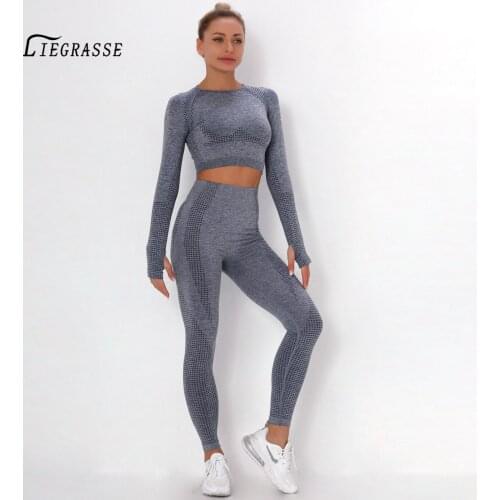 Yoga Set Seamless Women Gym Sport Suit 2pcs Long Sleeve Fitness Crop Top High Waist Energy Seamless Leggings Suits