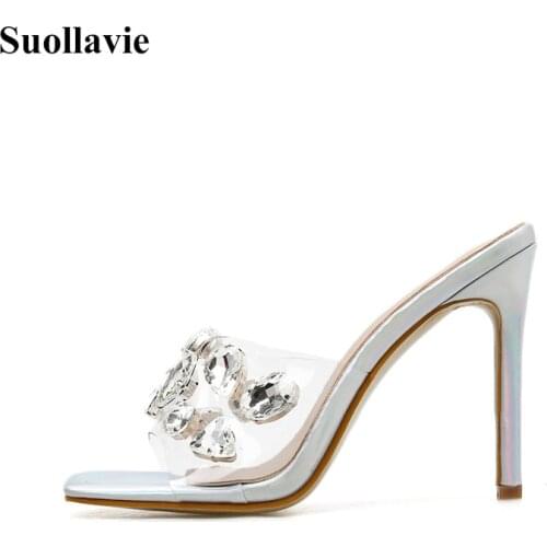 Suollavie glitter Rhinestone women slippers sexy crystal slides shoes fashion office shoes hot open toe thin heel female sandals