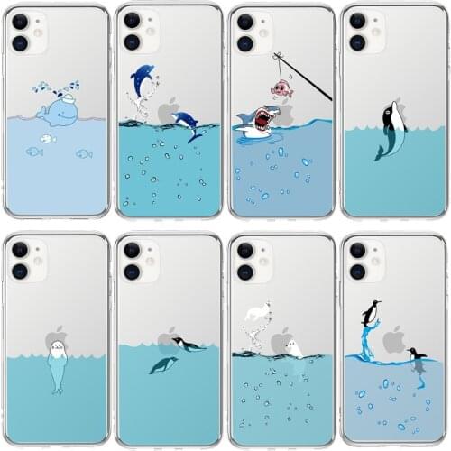 Creative Dolphins Sharks Pattern Clear Phone Case For iPhone 12 Pro Mini 11 Pro Max X XR XS Max 7 8 6s Plus Soft TPU Back Cover