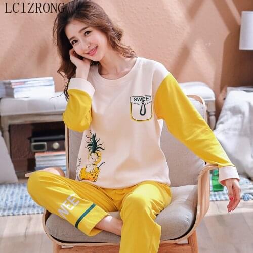 Spring Fruit Printed Women Pajama Set Cotton 2021 Plus Size Two-piece Set Cute Simple Long Sleeve Home Clothes Female Sleepwear
