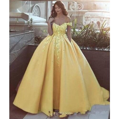 Fashion Yellow 3D Floral Flowers Prom Dresses 2019 Ball gown Off the shoulder Lace With Sleeves Sweet Dress robe de soiree