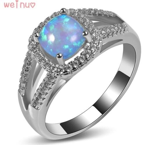 Weinuo Blue Fire Opal White Crystal Ring 925 Sterling Silver Top Quality Fancy Jewelry Wedding Ring Size 5 6 7 8 9 10 11 A307