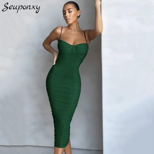 High Quality 2021 Summer Womens Bodycon Pleated Bandage Dress Sexy Spaghetti Strap V-neck Backless Evening Party Dress Vestidos