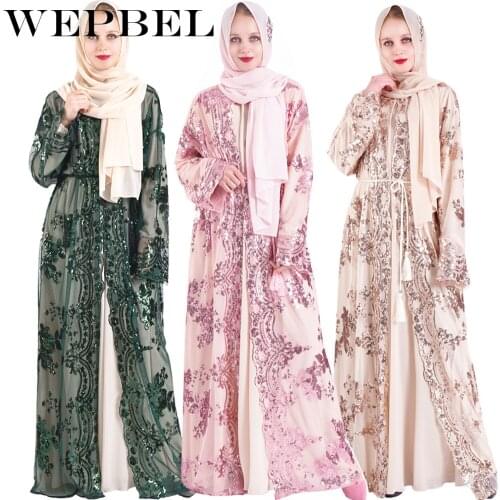 Wepebl Muslim Dress for Women Sequins Embroidery Muslim Abaya Arab Fashion Robe Maxi Dress Ramadan Party Dress Vestidos