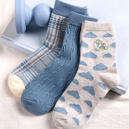 2021 Caramella 3 Pairs/Lot Women Socks Blue Series lolita Korean Fashion ulzza Elgant Cotton Socks for Spring and Autumn