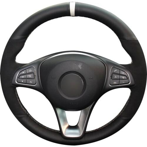 Black Suede Black Synthetic Leather White Marker Car Steering Wheel Cover for Mercedes-Benz C180 C200 C260 C300 B200 E200 E300