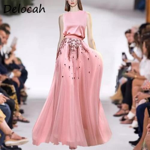 Delocah New 2021 Summer Women Fashion Runway Skirts Set Sleeveless Pink Print Tops + High Waist Embroidery Mesh Long Skirts Suit