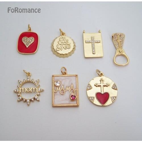 FoRomance Heart Cross MOM CZ Stones Charms Badge Jewelry Making For Designer Diy Pendant Earrings Necklace Bracelet Making