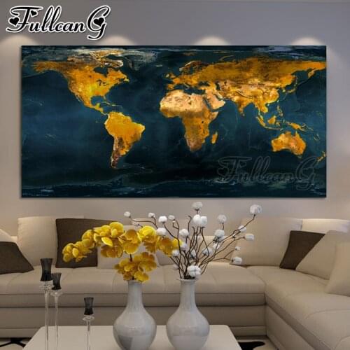 FULLCANG Golden abstract world map large 5d diamond painting diy full square round drill mosaic embroidery sale decor FC2600