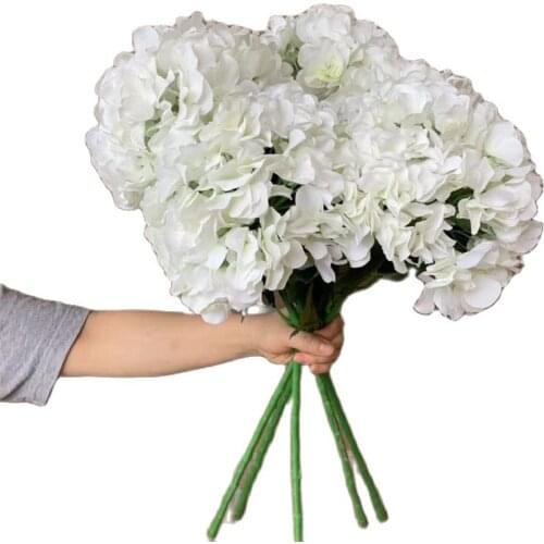 5pcs Artificial Hydrangea Flower Stems Faux Silk White Big Hydrangea Branches for Wedding Centerpieces Floral Decoration