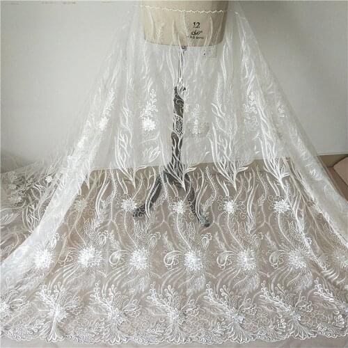 Exquisite Leaf Lace Fabric Floral Embroidered Off White Tulle Fabric Bridal Gowns By The Yard 53" Wide