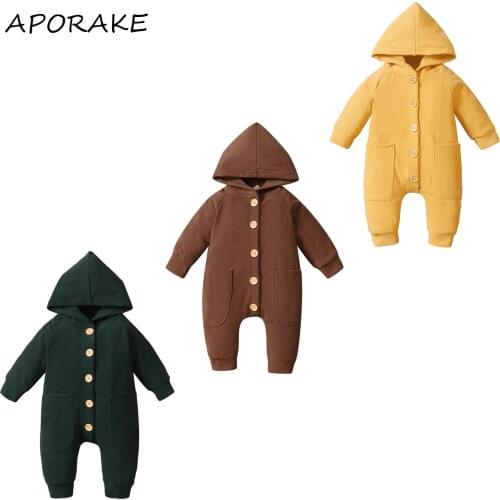 2021 0-18M Casual Baby Long Sleeve Jumpsuit Boys Girls Solid Color Button down Round Neck Hooded Spring Autumn Romper