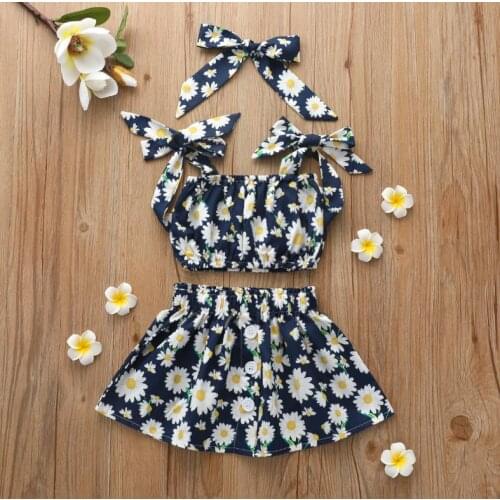 3 Pcs Infant Summer Outfits Baby Girl Sleeveless Daisy Print Boat Neck Bowknot Crop Top Button Skirt Headband Childrens Sets