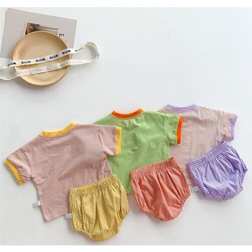 2021 0-2Y Summer Infant Girl Clothing Set Korea Style Striped Print Short Sleeve T-shirt+Triangle Shorts Casual Outfits 2pcs