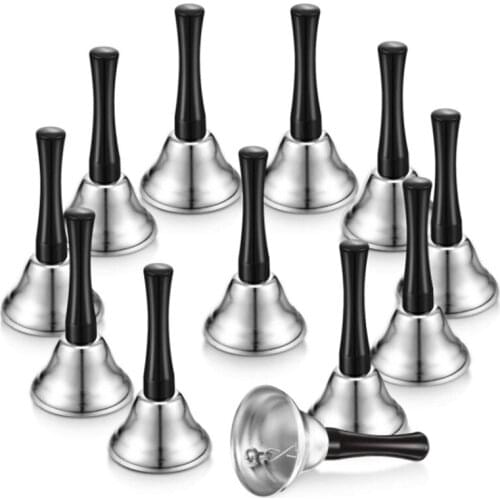 12 Pieces Metal Hand Bells Hand Bells Wooden Handle Handbells Metal Handbells Musical Percussion for Schools (Silver)