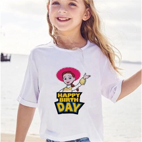 2021 New Fashion Summer Disney Toy Story Happy Birthday Cute Loose Cartoon Kids T-Shirt O-neck Clothes Streetwear Tops Tee