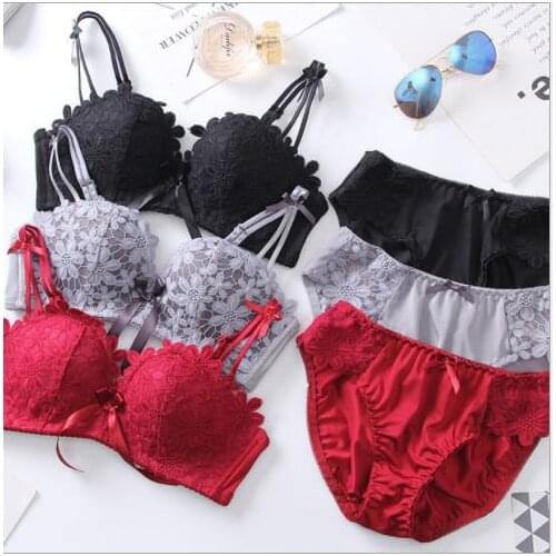 New Ladies No Steel Ring Bra And Panties Set Sexy Hollow Lace Floral Decoration Top Bowknot High Waist Solid Color Panties